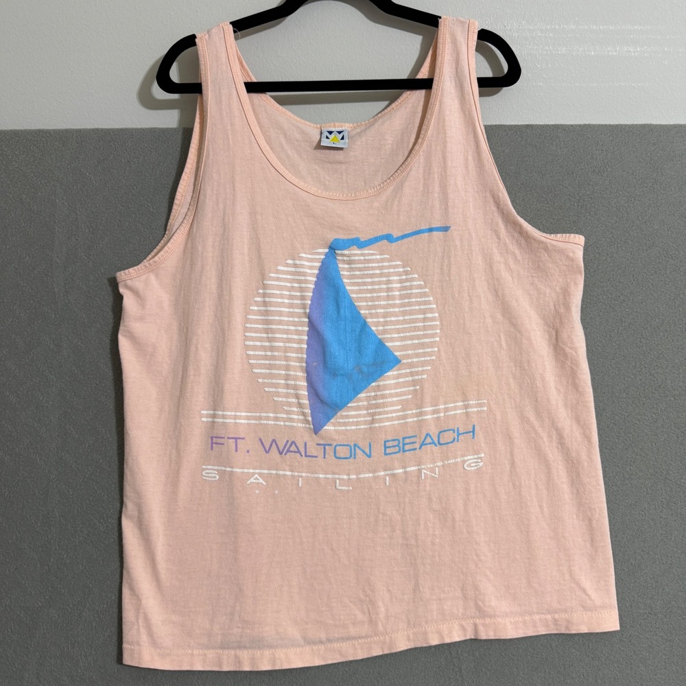 Vintage 80s Ft Walton Beach Sailing Tank Top Single Stitch Peach Mens Large USA